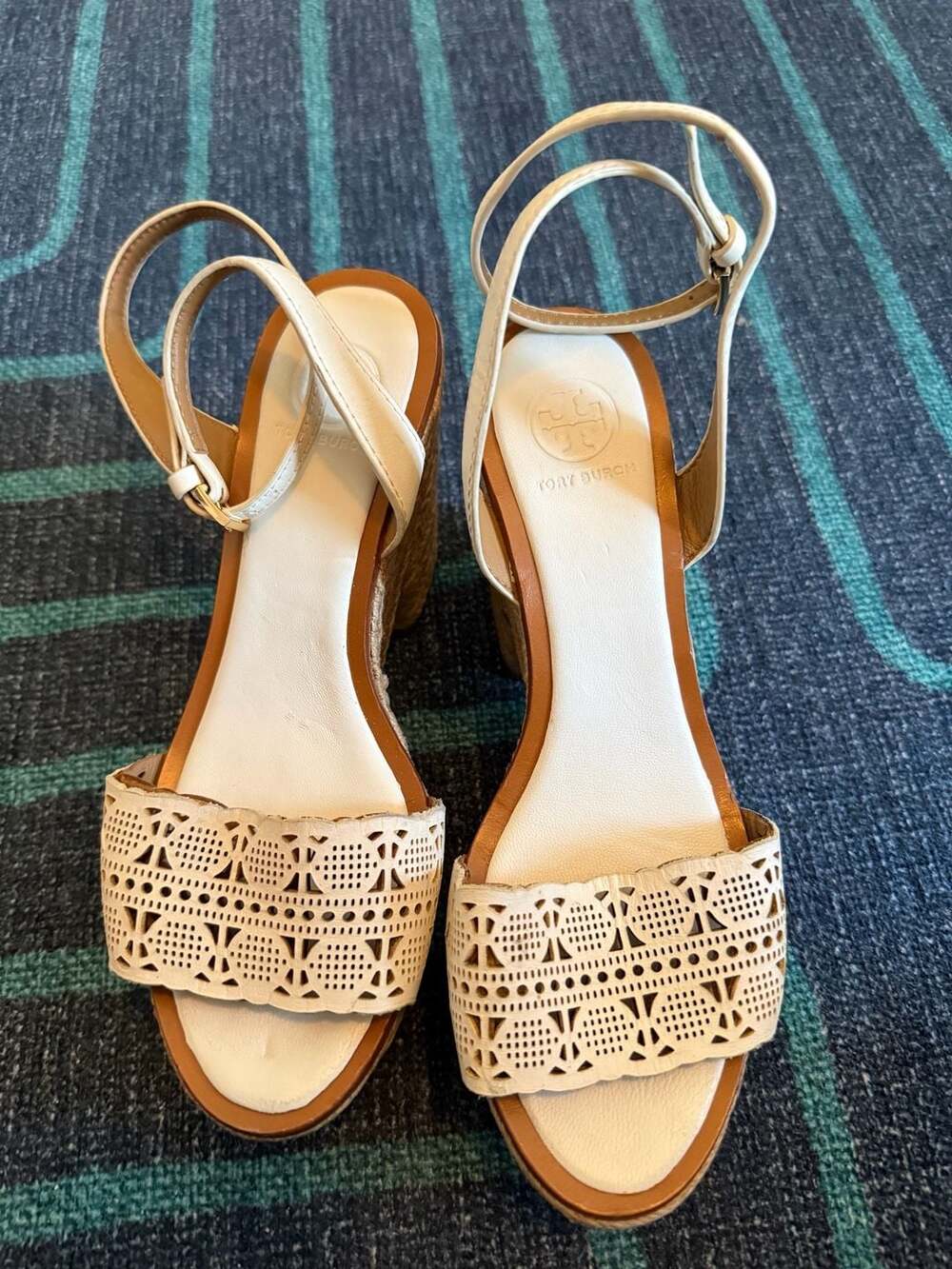 Tory Burch White Perforated Laser Cut Ankle Strap Wedge Sandals Size 6.5